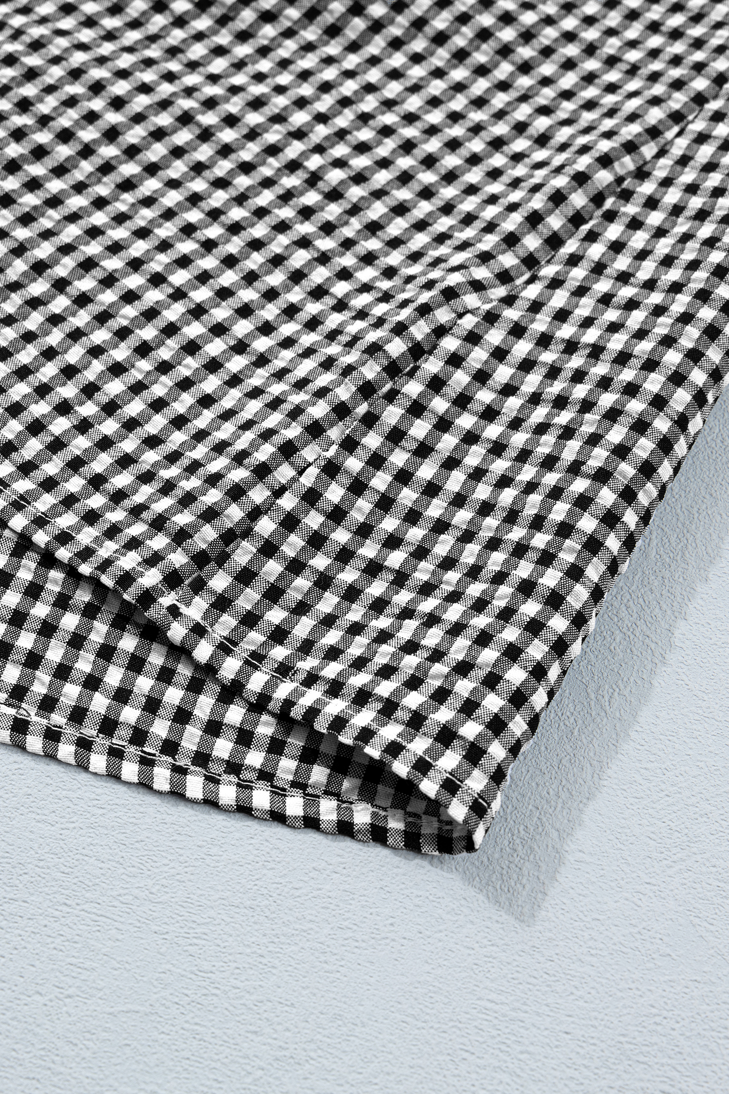 Women's Black Plaid Ruffled Blouse – Casual Half Sleeve Round Neck Top, Stylish Gift for Her - Detail View 18 Women's Black Plaid Ruffled Blouse – Casual Half Sleeve Round Neck Top, Stylish Gift for Her - Detail View 18