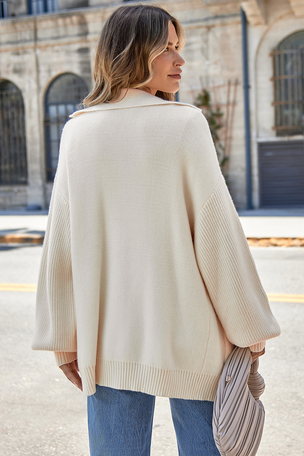 Beige Solid Long Sleeve Sweater Cardigan for Women – Modern Daily Wear - Detail View 2 Beige Solid Long Sleeve Sweater Cardigan for Women – Modern Daily Wear - Detail View 2