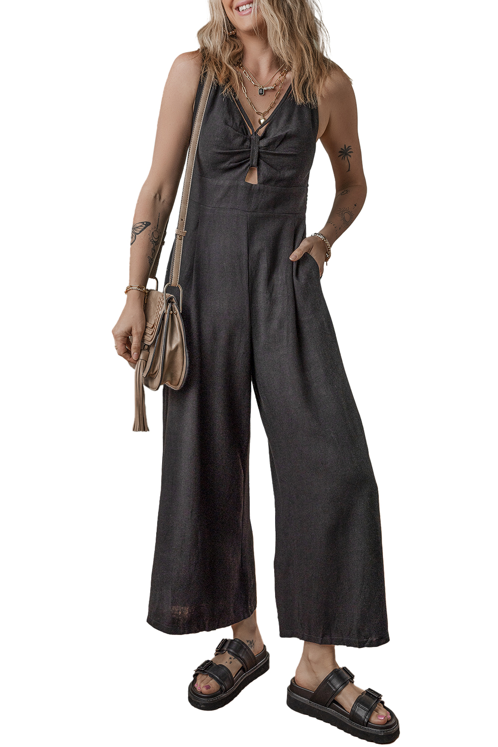 Trendy Wide Leg Jumpsuit for Women - Flattering Fit with Smocked Back and V Neck - Detail View 7 Trendy Wide Leg Jumpsuit for Women - Flattering Fit with Smocked Back and V Neck - Detail View 7