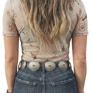 Women's Western Print Mesh Top – Oatmeal Short Sleeve Sheer Tee for Casual Summer Wear - Main View