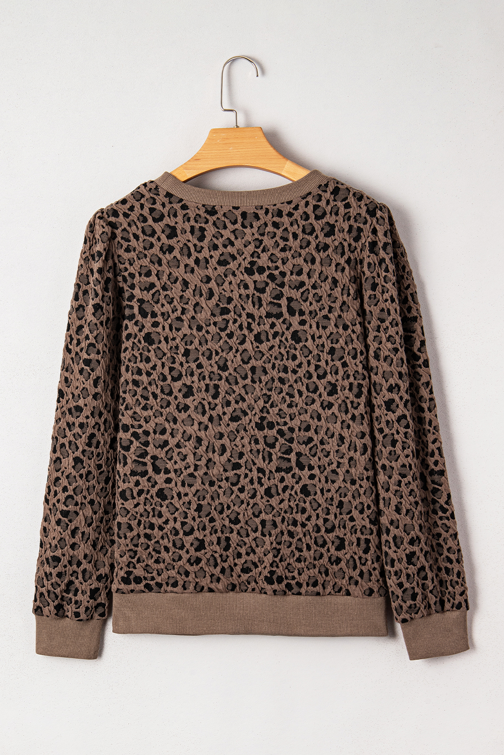 Women's Brown Ribbed Trim Leopard Print Long Sleeve Top for Casual Fall Style - Detail View 5 Women's Brown Ribbed Trim Leopard Print Long Sleeve Top for Casual Fall Style - Detail View 5