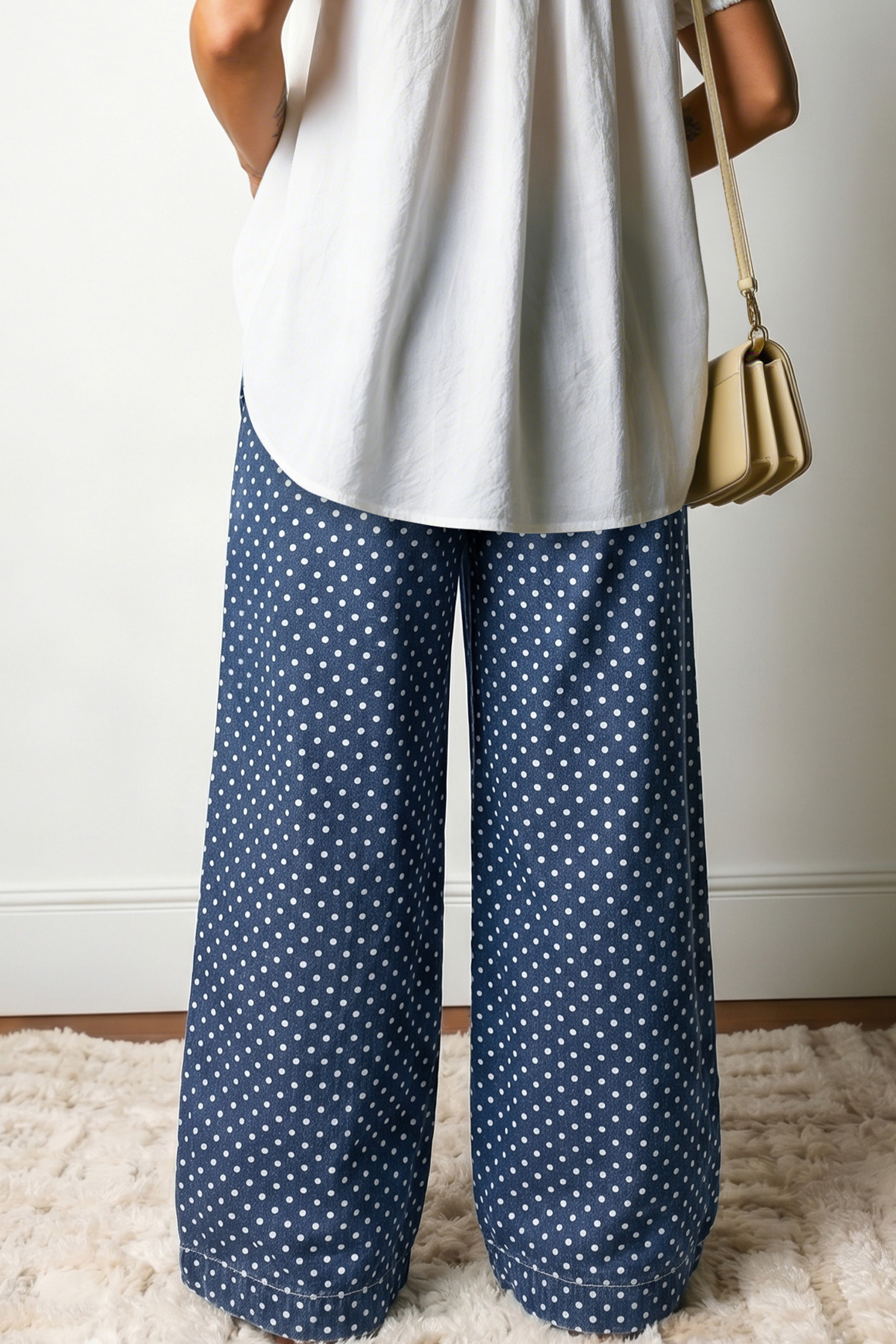 Southern Belle Polka Dot Wide Leg Denim for Women – Sky Blue High Waisted Casual Trousers - Detail View 2 Southern Belle Polka Dot Wide Leg Denim for Women – Sky Blue High Waisted Casual Trousers - Detail View 2