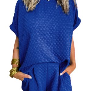 Stylish Sky Blue Jacquard Textured Buttoned Tee and Shorts Set for Women - Main View