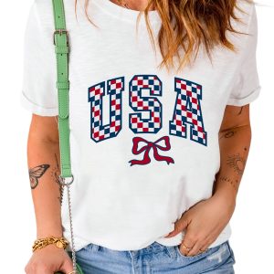 Women's White Checkered USA Graphic Casual Tee for Independence Day - Main View