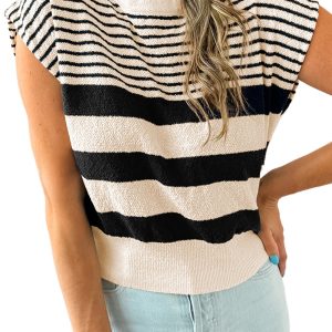 Women's Black and White Striped Sleeveless Round Neck Sweater Vest - Main View
