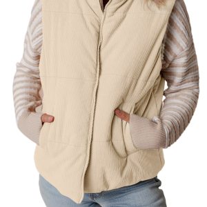 Women's Beige Corduroy Stand Neck Zipped Puffer Vest for Daily Wear - Main View