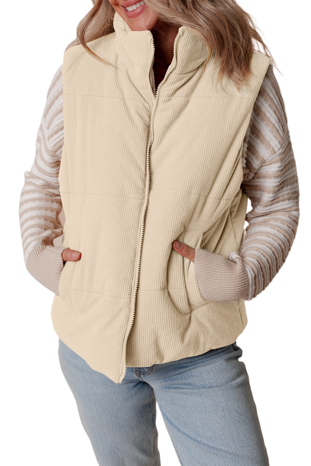 Women's Beige Corduroy Stand Neck Zipped Puffer Vest for Daily Wear - Main View Women's Beige Corduroy Stand Neck Zipped Puffer Vest for Daily Wear - Main View