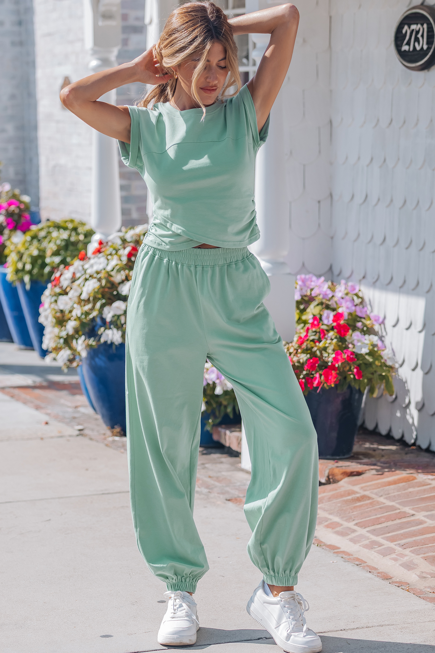Activewear Jogger Set for Women – Moonlight Jade Cotton Blend Cropped Tank and High Waist Pants - Detail View 5 Activewear Jogger Set for Women – Moonlight Jade Cotton Blend Cropped Tank and High Waist Pants - Detail View 5