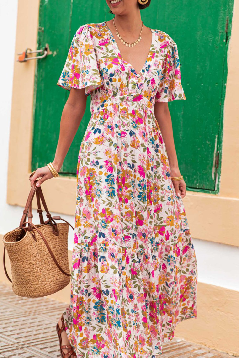 Women's Maxi Dress, Red Floral Dress, Short Sleeve, V Neck, High Waist, A-Line Silhouette, Summer Fashion, Elegant Dress, Feminine Style, Trendy Outfit, Vacation Wear, Wedding Guest Dress - Detail View 8 Women's Maxi Dress, Red Floral Dress, Short Sleeve, V Neck, High Waist, A-Line Silhouette, Summer Fashion, Elegant Dress, Feminine Style, Trendy Outfit, Vacation Wear, Wedding Guest Dress - Detail View 8
