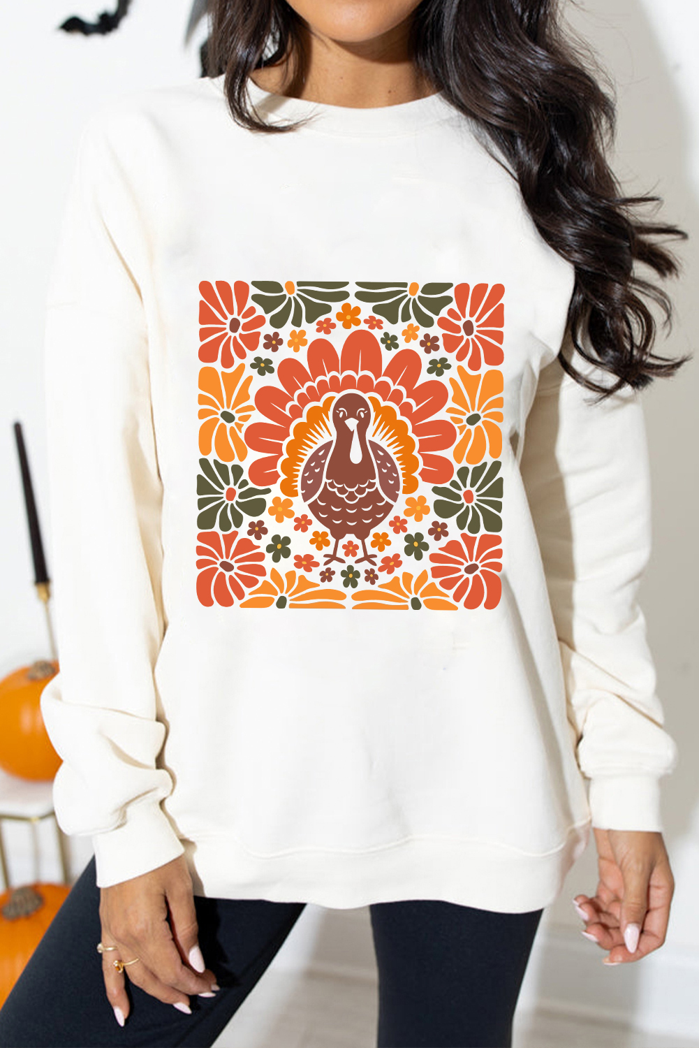 Women's White Thanksgiving Turkey Graphic Sweatshirt – Casual Comfort for Autumn Gatherings - Detail View 3 Women's White Thanksgiving Turkey Graphic Sweatshirt – Casual Comfort for Autumn Gatherings - Detail View 3