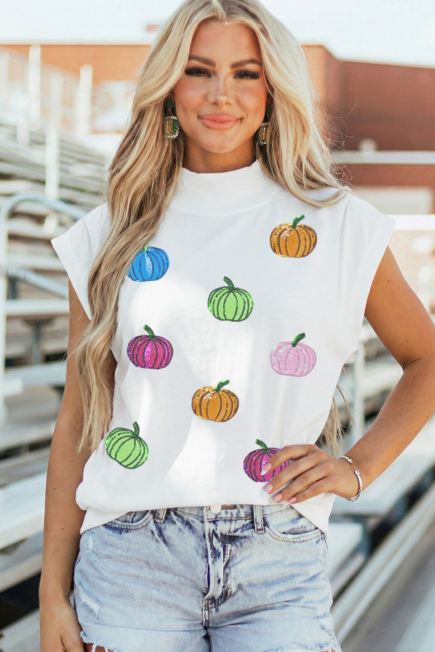 White Mock Neck Pumpkin Shirt, Casual Women's Sequin Apparel - Detail View 12 White Mock Neck Pumpkin Shirt, Casual Women's Sequin Apparel - Detail View 12