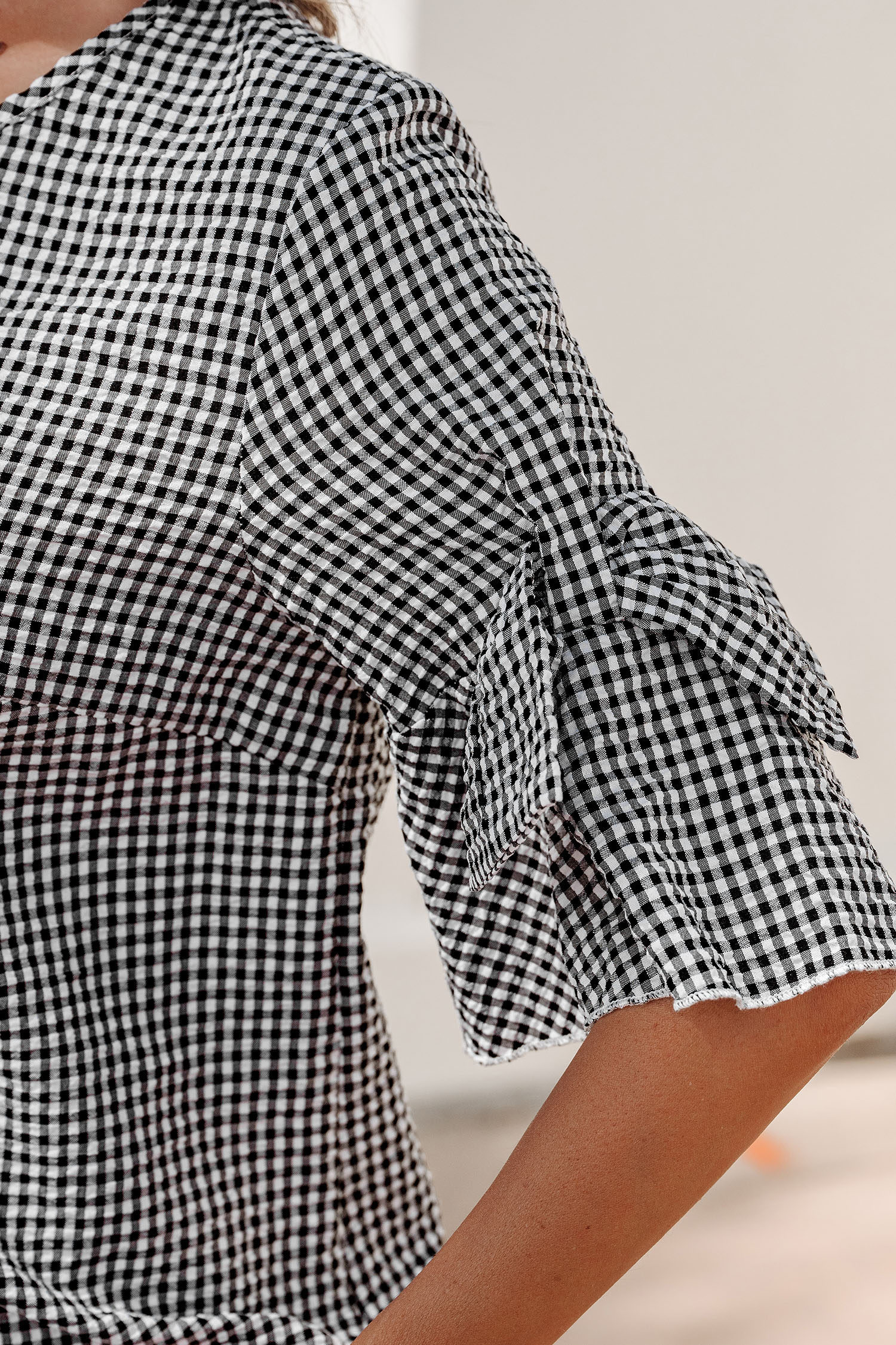 Chic Plaid Shift Top for Women - Ruffled Half Sleeve Round Neck Blouse, Summer Casual Style - Detail View 8 Chic Plaid Shift Top for Women - Ruffled Half Sleeve Round Neck Blouse, Summer Casual Style - Detail View 8
