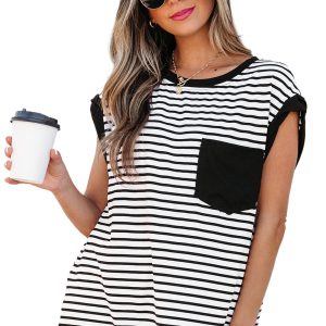 Women's Casual Black Stripe Round Neck Tank Top with Chest Pocket - Main View