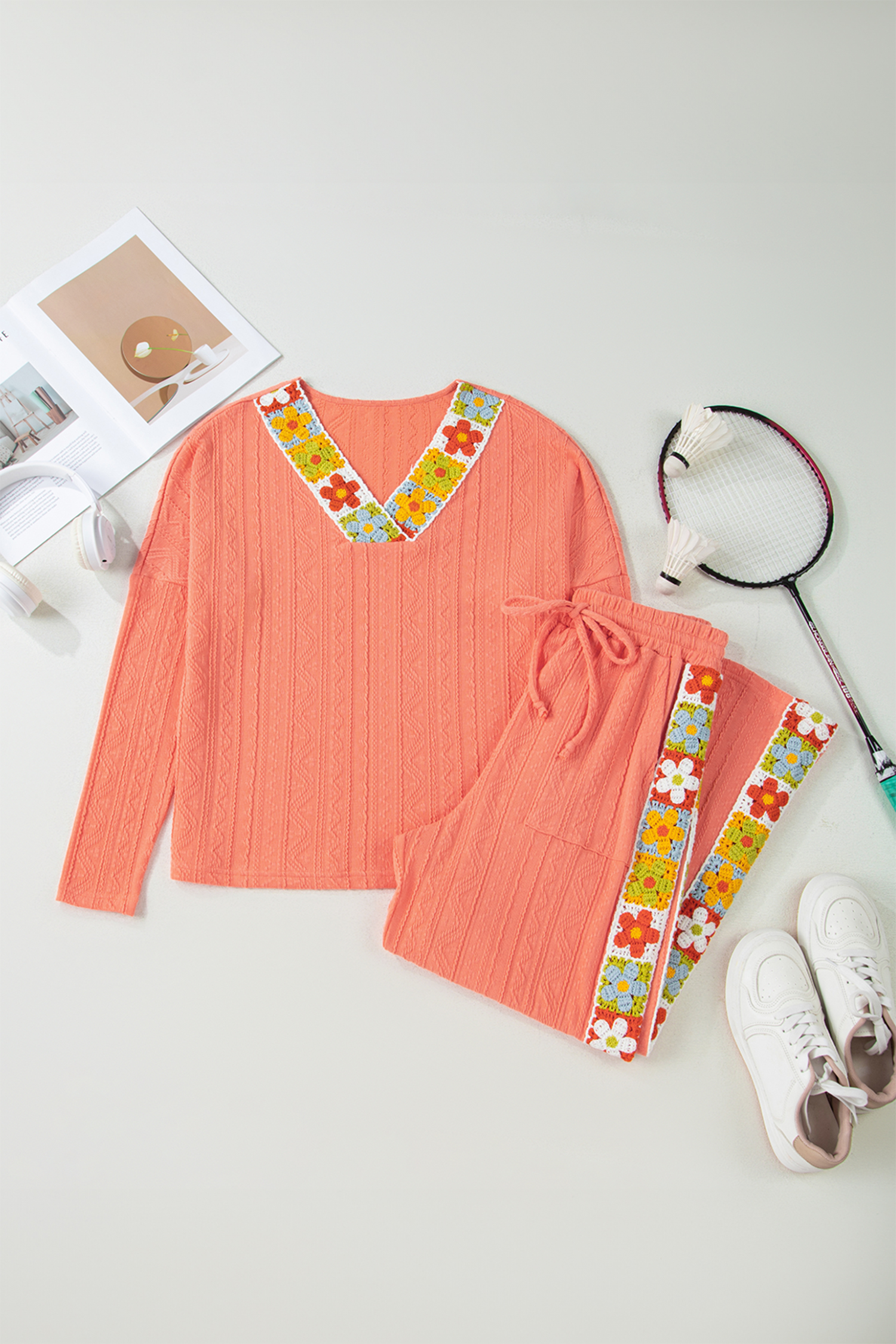 Stylish Women's Floral Accent Pants Set in Grapefruit Orange – Perfect for Spring Outings - Detail View 3 Stylish Women's Floral Accent Pants Set in Grapefruit Orange – Perfect for Spring Outings - Detail View 3