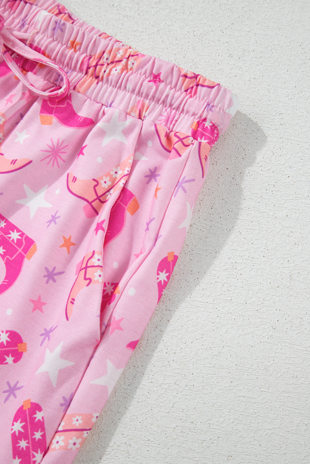Women's Pink Western Boots Printed Short 2-Piece Lounge Set for Summer - Detail View 13 Women's Pink Western Boots Printed Short 2-Piece Lounge Set for Summer - Detail View 13