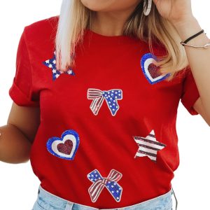 Women's Red American Flag Sequined Graphic Tee - Patriotic Round Neck T-Shirt - Main View