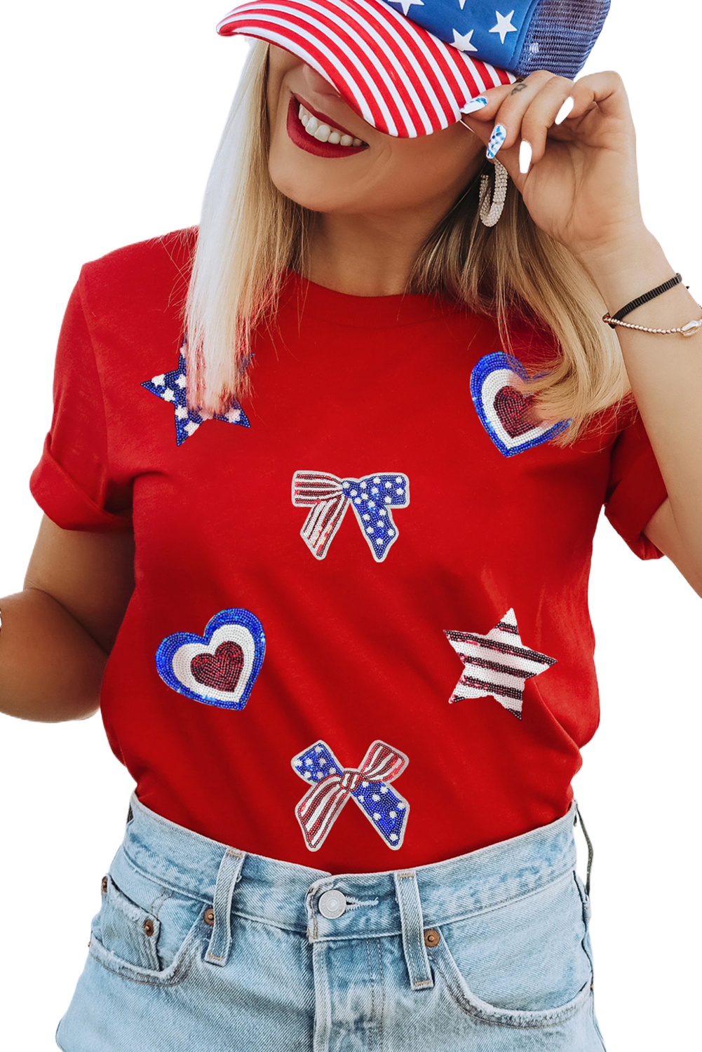 Women's Red American Flag Sequined Graphic Tee - Patriotic Round Neck T-Shirt - Main View Women's Red American Flag Sequined Graphic Tee - Patriotic Round Neck T-Shirt - Main View
