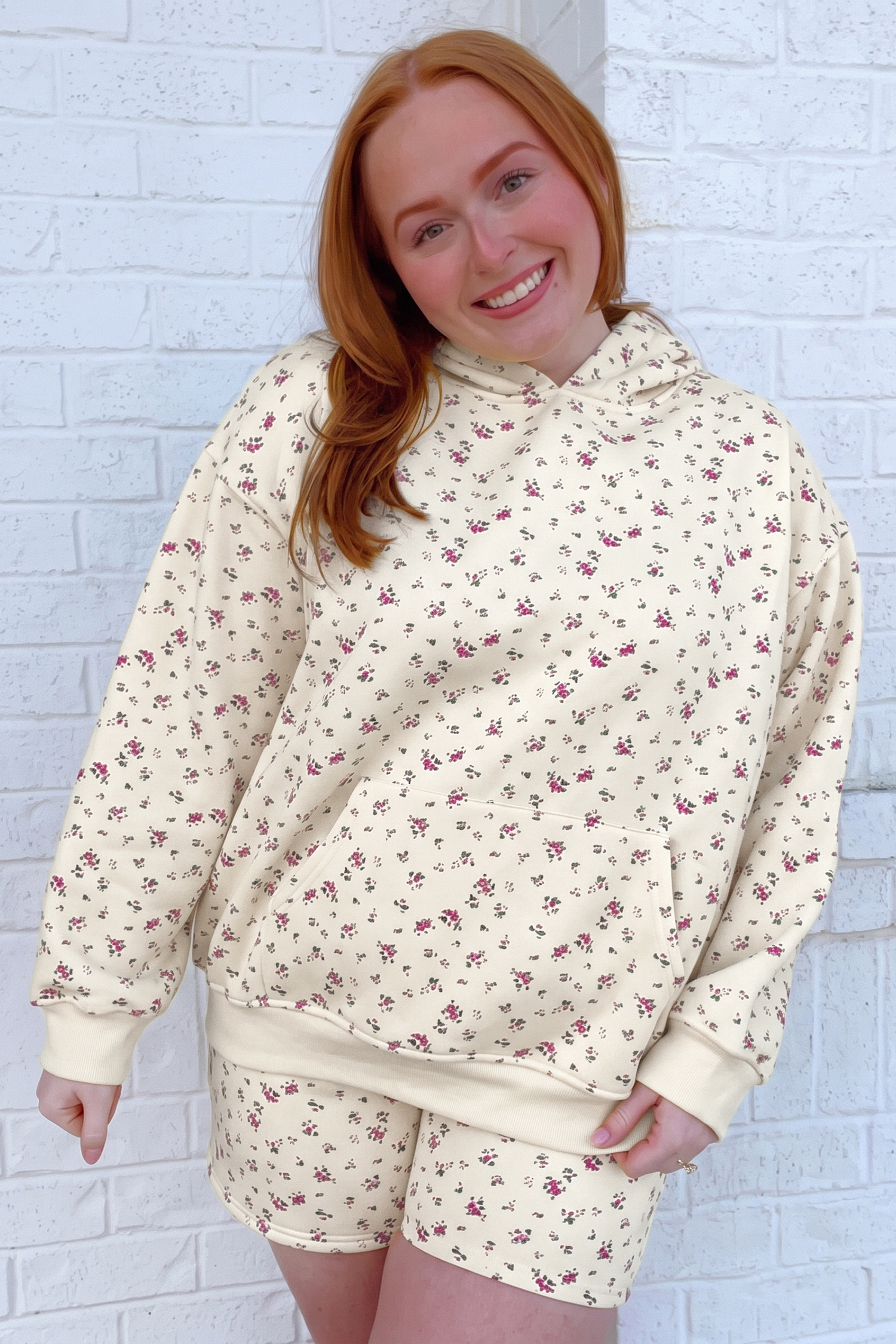 Women's Floral Hoodie Set, Beige Casual Long Sleeve Lounge - Detail View 7 Women's Floral Hoodie Set, Beige Casual Long Sleeve Lounge - Detail View 7