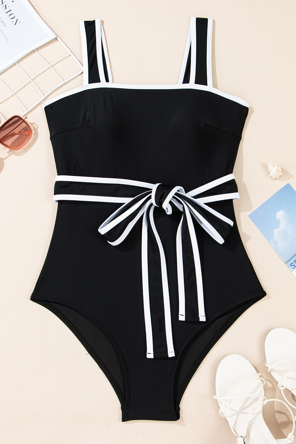 Women's Swimsuit, Black One Piece, Colorblock, Belted, Elegant Style, Padded Support, High Waist, Beachwear, Summer Vacation, Bodycon Silhouette, Wire-free, Adjustable Waist Tie, Shoulder Strap Swimwear, Versatile Swimwear - Detail View 12 Women's Swimsuit, Black One Piece, Colorblock, Belted, Elegant Style, Padded Support, High Waist, Beachwear, Summer Vacation, Bodycon Silhouette, Wire-free, Adjustable Waist Tie, Shoulder Strap Swimwear, Versatile Swimwear - Detail View 12