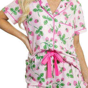 Women's Strawberry Print Pajama Set – Pink Striped Lapel Shirt and Drawstring Shorts - Main View