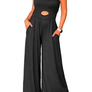 Women's Black Peekaboo Wide Leg Jumpsuit - Trendy Square Neck Sleeveless Design - Main View