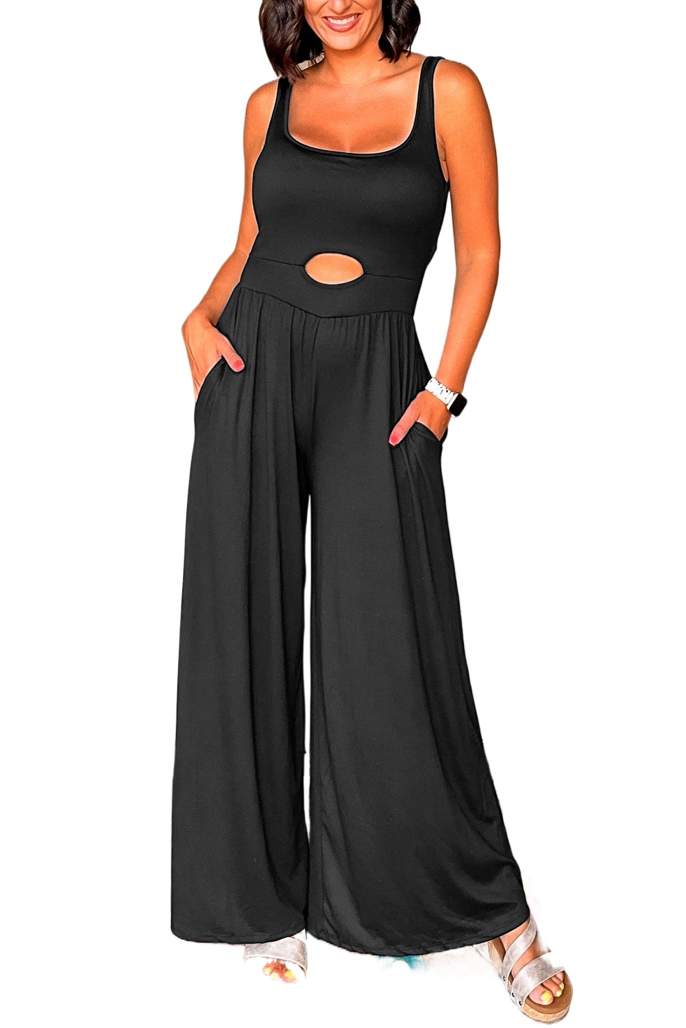 Women's Black Peekaboo Wide Leg Jumpsuit - Trendy Square Neck Sleeveless Design - Main View Women's Black Peekaboo Wide Leg Jumpsuit - Trendy Square Neck Sleeveless Design - Main View