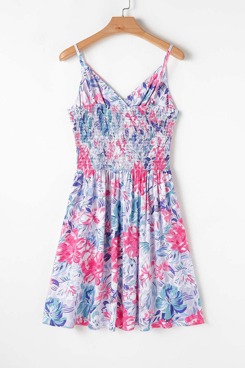 Women's Sky Blue Floral Spaghetti Strap Mini Dress with Shirred Waist - Detail View 9 Women's Sky Blue Floral Spaghetti Strap Mini Dress with Shirred Waist - Detail View 9