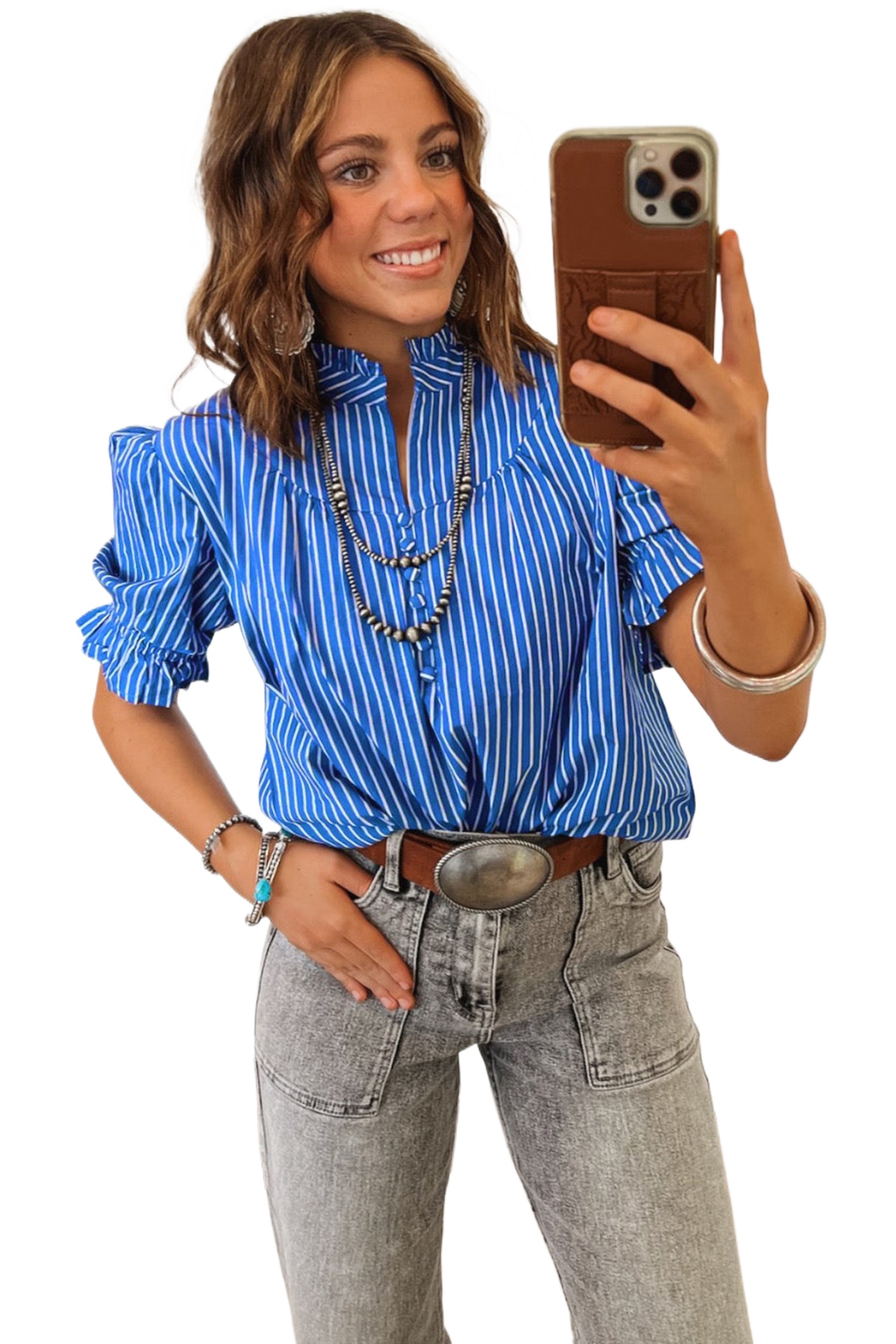 Women's Blue Stripe Ruffled Blouse – Short Puff Sleeve Button Front Top for Daily Wear - Main View Women's Blue Stripe Ruffled Blouse – Short Puff Sleeve Button Front Top for Daily Wear - Main View