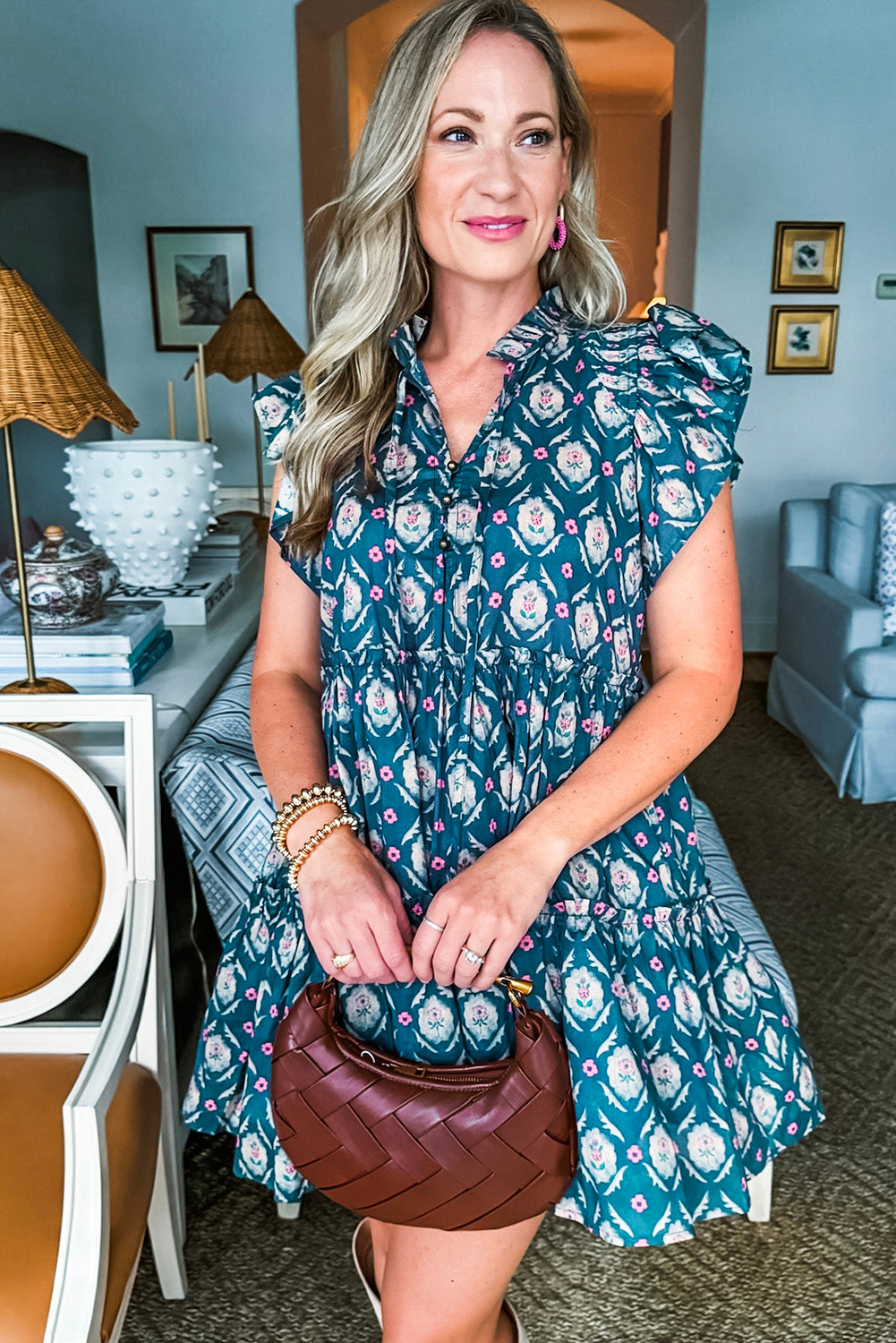 Women's Blue Retro Floral Print Ruffle Short Sleeve Mini Dress - Detail View 9 Women's Blue Retro Floral Print Ruffle Short Sleeve Mini Dress - Detail View 9