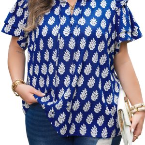 Women's Plus Size Botanical Print Blouse – Blue V Neck Short Sleeve Ruffle Top, Casual Summer Shift Style - Main View