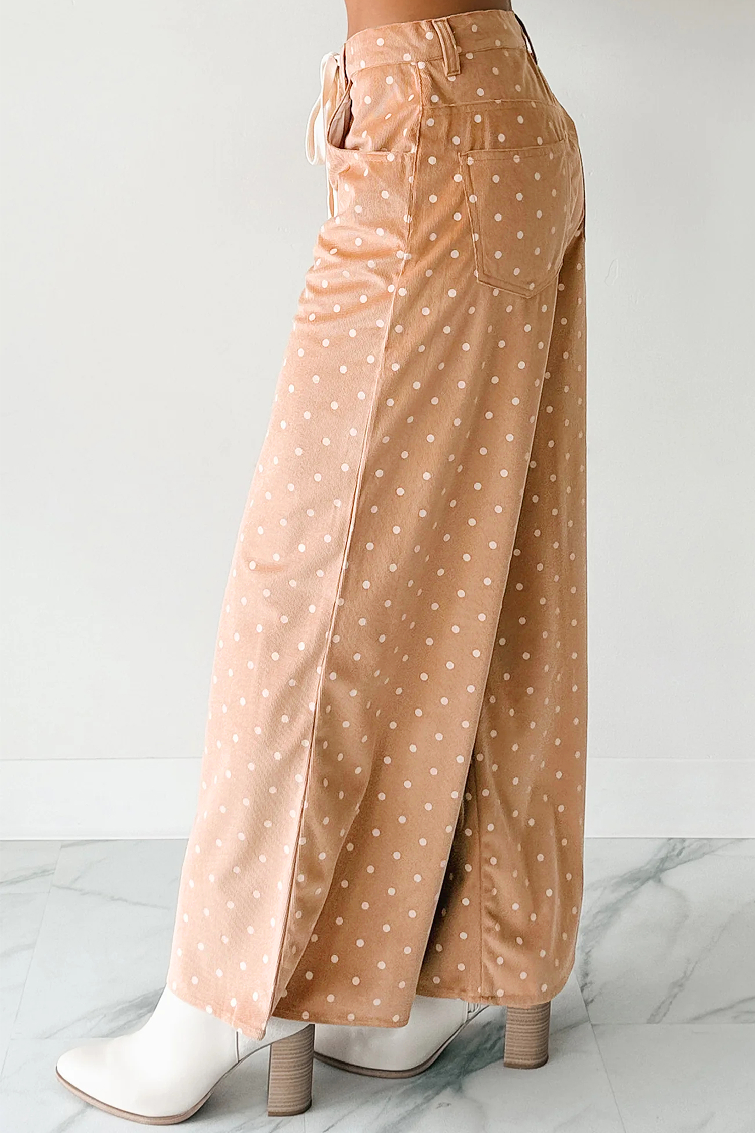 Stylish Women's Khaki Wide Leg Pants with Polka Dots – Comfortable Drawstring Fit for Everyday - Detail View 3 Stylish Women's Khaki Wide Leg Pants with Polka Dots – Comfortable Drawstring Fit for Everyday - Detail View 3