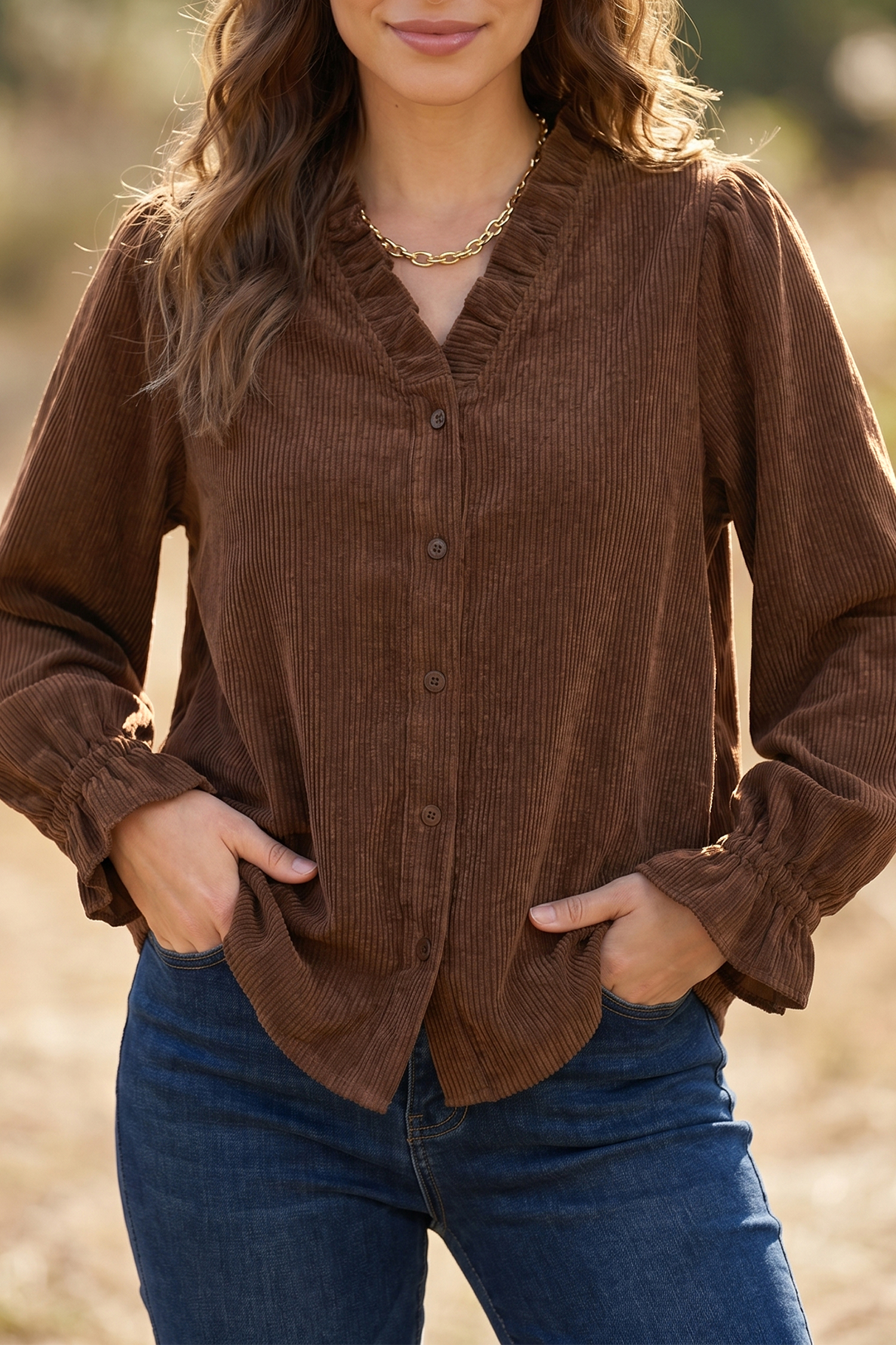 Casual Coffee Brown Corduroy Top – Women's Button-Down Shirt - Detail View 14 Casual Coffee Brown Corduroy Top – Women's Button-Down Shirt - Detail View 14