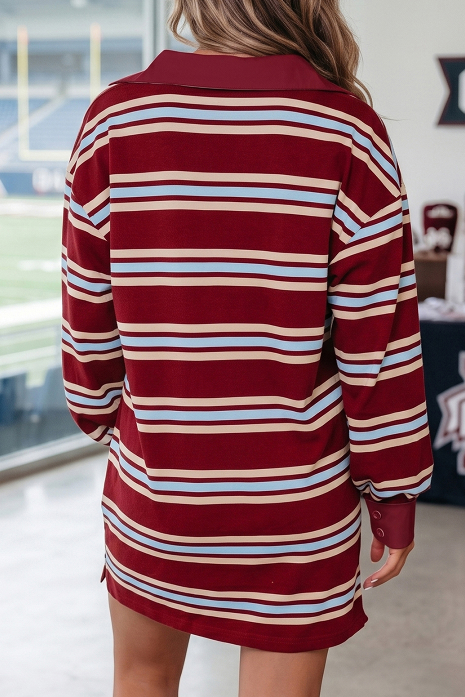 Women's Autumn Striped Polo Dress – Long Sleeve Casual Shift - Detail View 2 Women's Autumn Striped Polo Dress – Long Sleeve Casual Shift - Detail View 2