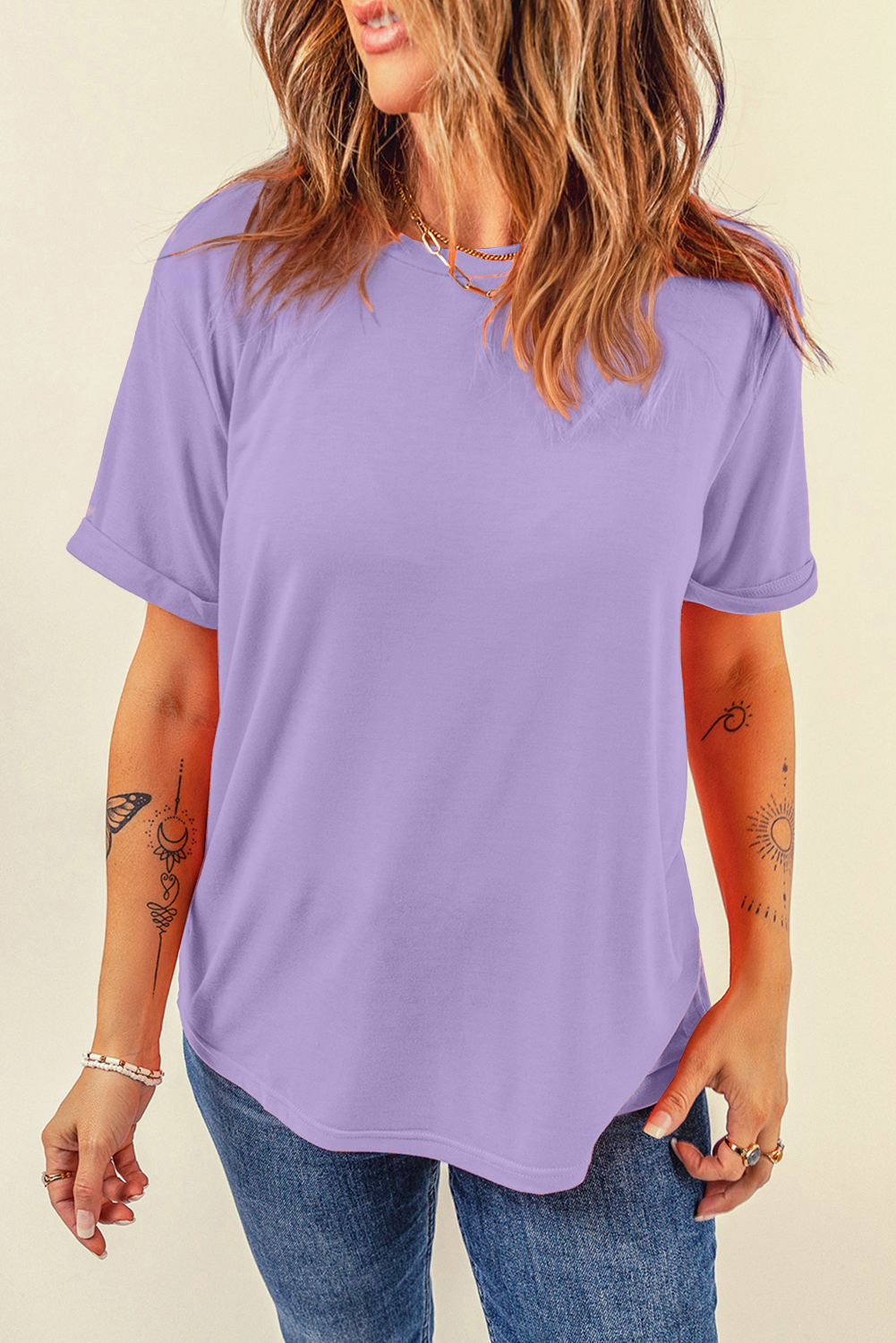 Stylish Women's Short Sleeve Tee in Wisteria - Perfect for Casual Summer Outfits - Detail View 3 Stylish Women's Short Sleeve Tee in Wisteria - Perfect for Casual Summer Outfits - Detail View 3
