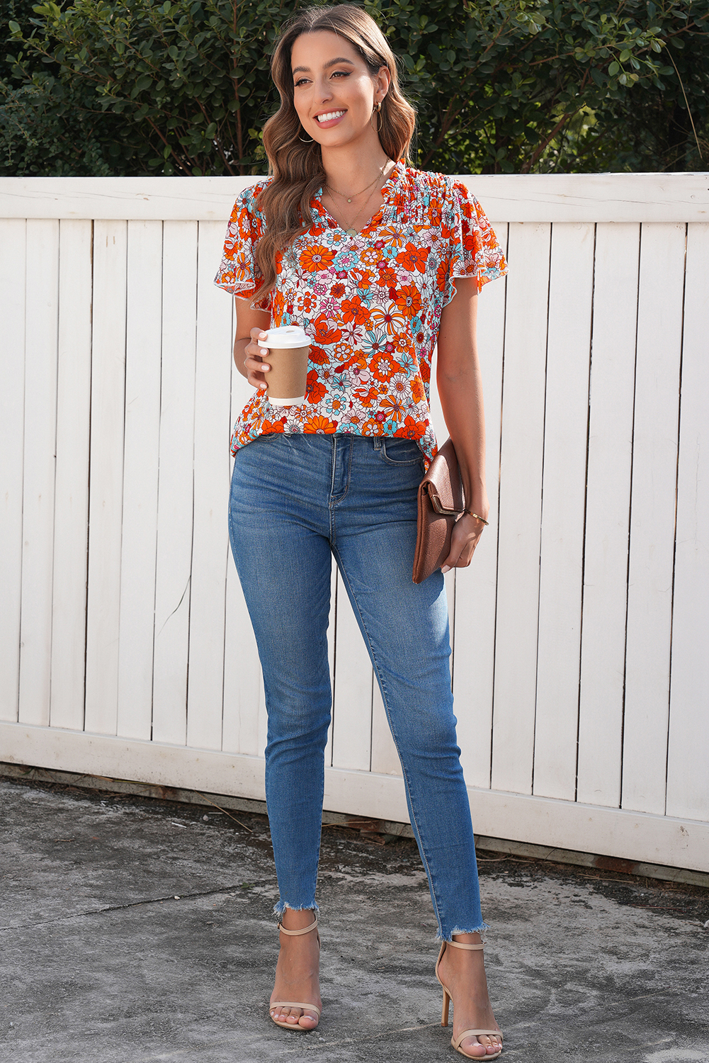 Women's Floral V-Neck Blouse – Pleated Ruffle Short Sleeve Top - Detail View 7 Women's Floral V-Neck Blouse – Pleated Ruffle Short Sleeve Top - Detail View 7
