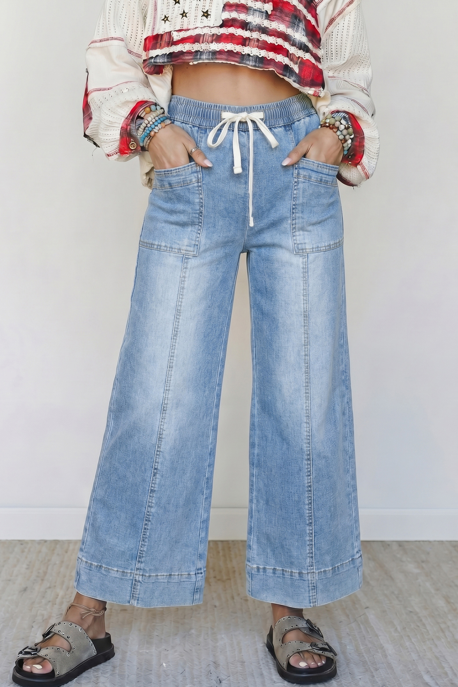 Casual Wide Leg Denim Pants, Women's Elastic Waist Jeans - Detail View 3 Casual Wide Leg Denim Pants, Women's Elastic Waist Jeans - Detail View 3