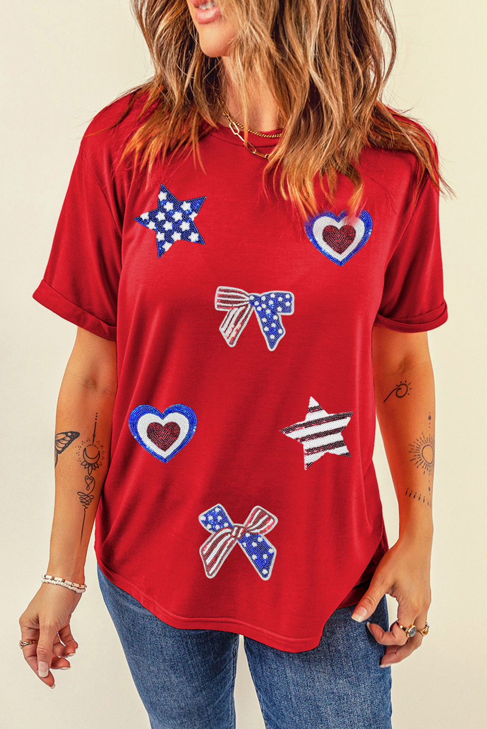 Casual Short Sleeve Crewneck Tee with Sparkling Bow, Star, and Heart Sequins - Detail View 6 Casual Short Sleeve Crewneck Tee with Sparkling Bow, Star, and Heart Sequins - Detail View 6