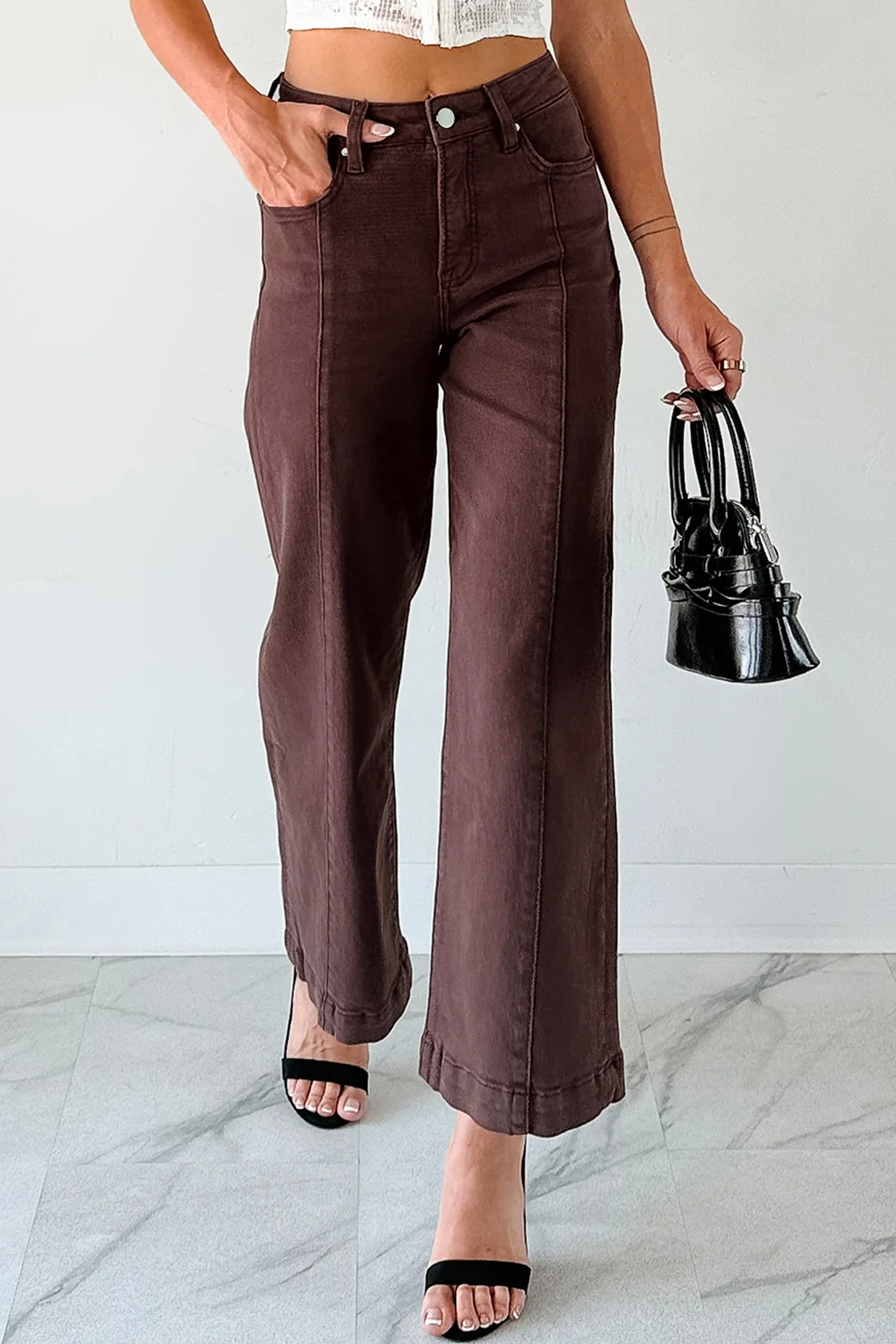 Women's High Waist Seamed Cropped Jeans in Red Sandalwood – Versatile Casual Style - Detail View 8 Women's High Waist Seamed Cropped Jeans in Red Sandalwood – Versatile Casual Style - Detail View 8