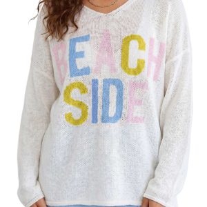 Women's White V Neck Knit Sweater, Casual Beach Side Top - Main View