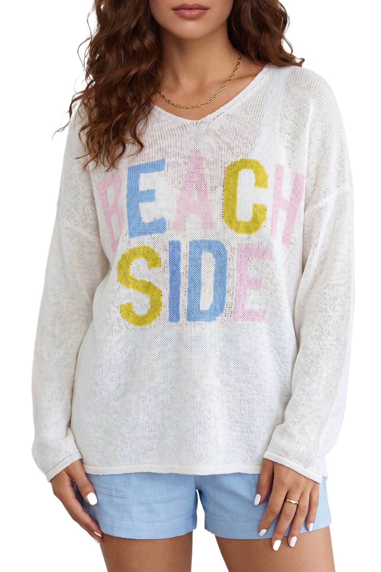 Women's White V Neck Knit Sweater, Casual Beach Side Top - Main View Women's White V Neck Knit Sweater, Casual Beach Side Top - Main View