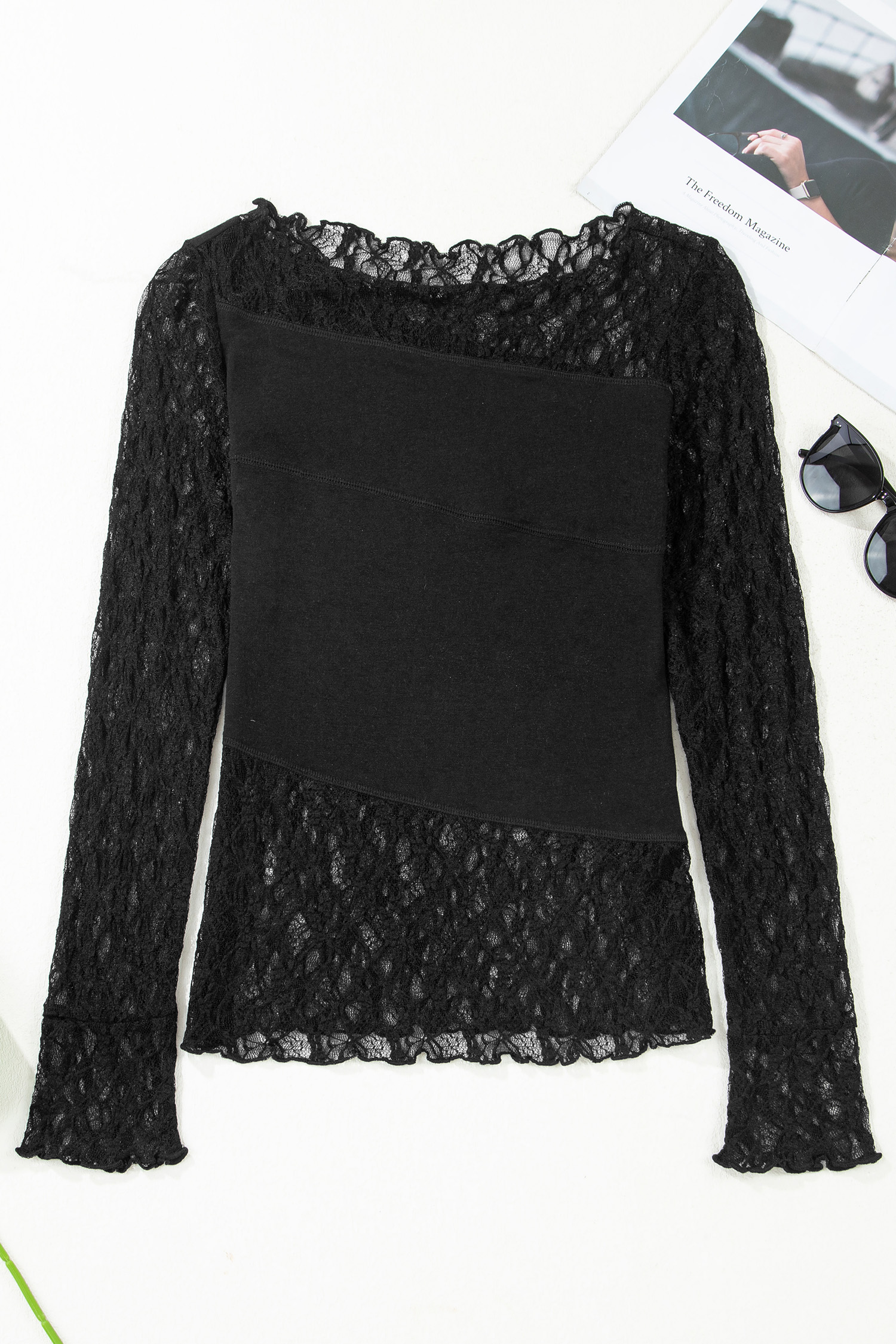 Feminine Black Sheer Floral Lace Long Sleeve Top – Perfect for Casual Outings and Everyday Style - Detail View 6 Feminine Black Sheer Floral Lace Long Sleeve Top – Perfect for Casual Outings and Everyday Style - Detail View 6