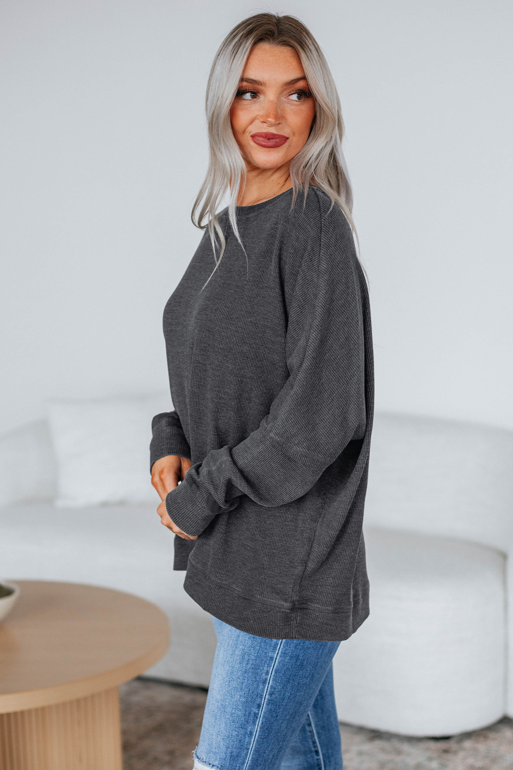 Cozy Dark Grey Waffle Knit Patchwork Top for Women – Perfect for Fall Adventures and Casual Outings - Detail View 3 Cozy Dark Grey Waffle Knit Patchwork Top for Women – Perfect for Fall Adventures and Casual Outings - Detail View 3