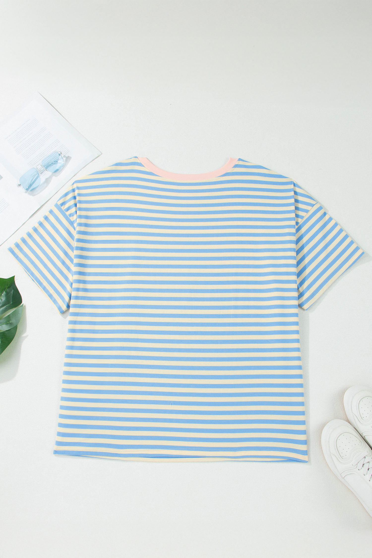 Short Sleeve Striped T-Shirt – Relaxed Women's Contrast Trim Top - Detail View 2 Short Sleeve Striped T-Shirt – Relaxed Women's Contrast Trim Top - Detail View 2