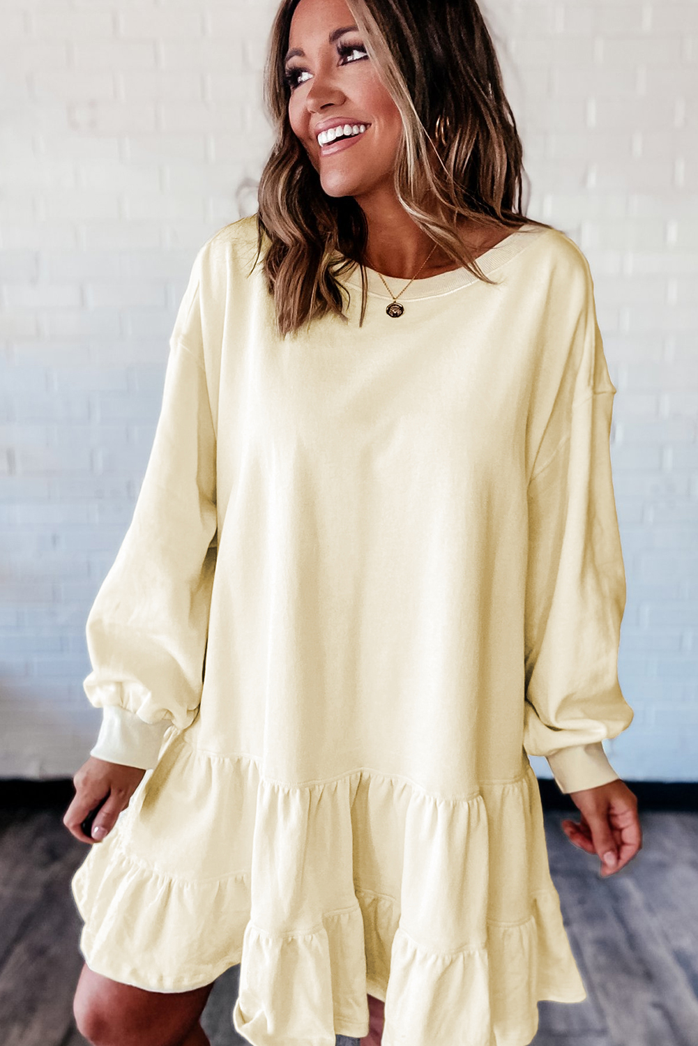 Women's Beige Double Tiered Ruffle Hem Long Sleeve Mini Dress - Casual Fall Fashion - Detail View 5 Women's Beige Double Tiered Ruffle Hem Long Sleeve Mini Dress - Casual Fall Fashion - Detail View 5