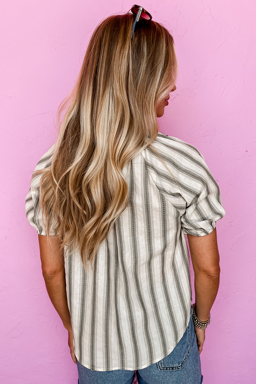 Fashionable Striped Blouse with Frill Trim and V Neck - Perfect for Daily Wear - Detail View 2 Fashionable Striped Blouse with Frill Trim and V Neck - Perfect for Daily Wear - Detail View 2