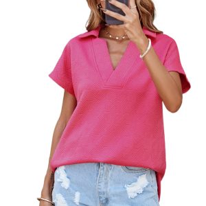 Women's Rose Red Textured V Neck Collared Short Sleeve Top for Casual Summer Wear - Main View