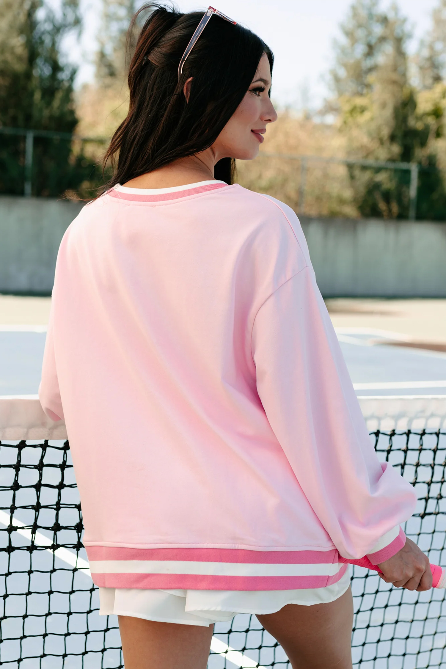 Women's Tennis Club Pullover, Pink Embroidered Sweatshirt - Detail View 7 Women's Tennis Club Pullover, Pink Embroidered Sweatshirt - Detail View 7