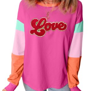 Women's Rose Red Chenille Love Patched Colorblock Long Sleeve Crewneck Top - Main View