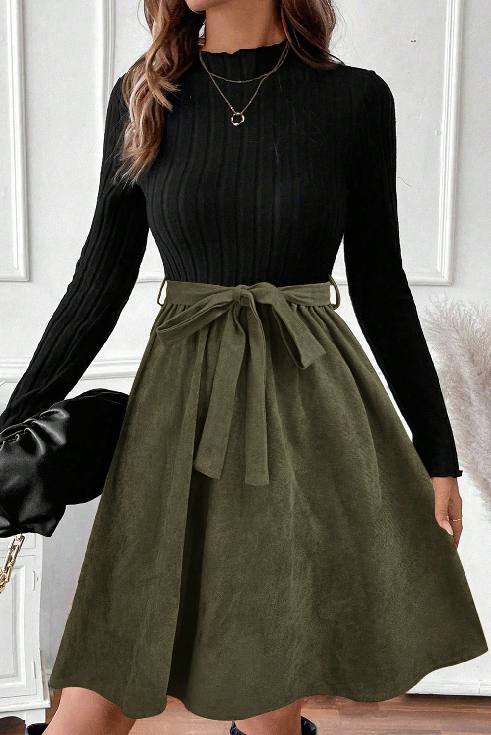 Elegant Women's Patchwork Belted Mini Dress in Black Ribbed Fabric – Versatile Daily Wear for Fall - Detail View 2 Elegant Women's Patchwork Belted Mini Dress in Black Ribbed Fabric – Versatile Daily Wear for Fall - Detail View 2
