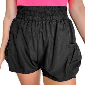 Women's Black Elastic High Waist Pocketed Casual Shorts for Summer - Main View